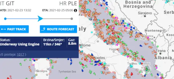 following the ship on entering the Adriatic Sea